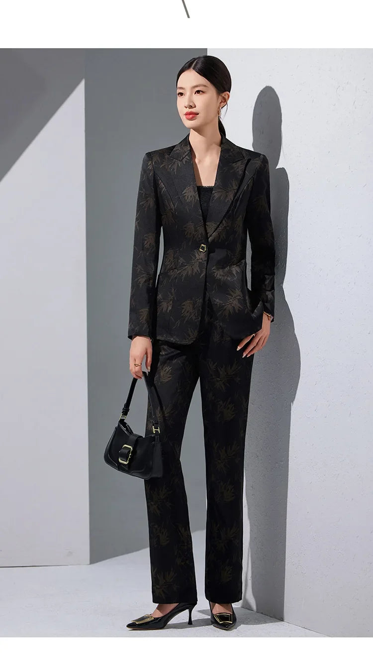 Two-Piece Leaf Print Blazer Pantsuits Set for Women Office Ladies Business Single Buttons Formal Spring Autumn Trousers Suit