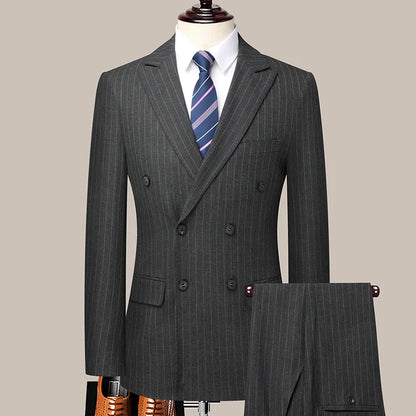 Men's Suit Double-Breasted Slim Fit Striped Two-Piece Set for Wedding & Business