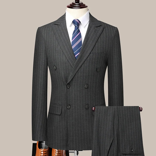 Men's Suit Double-Breasted Slim Fit Striped Two-Piece Set for Wedding & Business