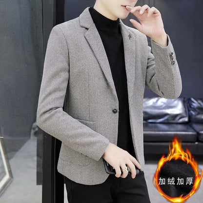 Blazer: An Outdoor Fashion Business Gentleman Pure Color Wedding Host Slim-fit Casual Korean-style Versatile Men Fleece Blazer