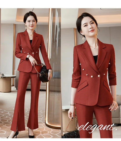 Office Lady Formal Blazer Pants Suits 2 Piece Matching Set Conjuntos Para Mujeres Plus Size Jacket Split Flare Pants Sets New