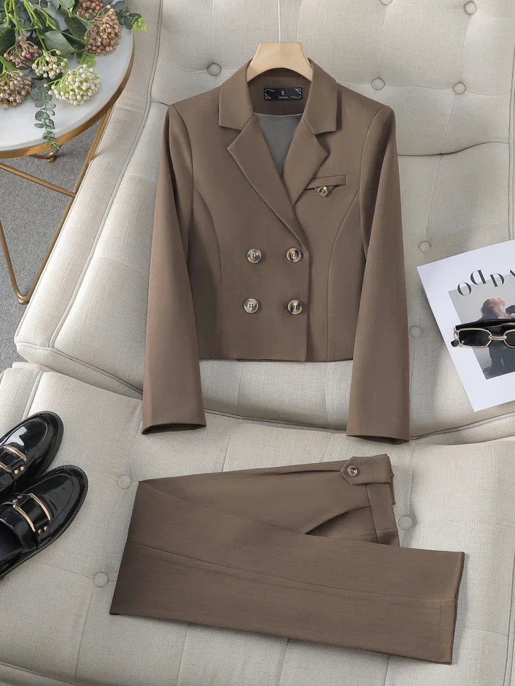 Blue Suit Women 2024 New Spring High End Fashion Temperament Professional Short Blazer And Pants Sets Office Ladies Work Wear