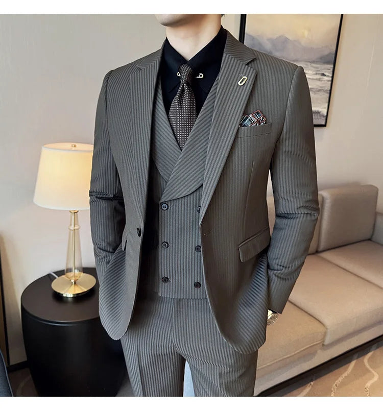 (Jackets+Pants+Vest) Luxury Stripe Men Suit Korean Version Fashion Elegant Slim Fit Tuxedo Formal Groom Wedding Social Suits
