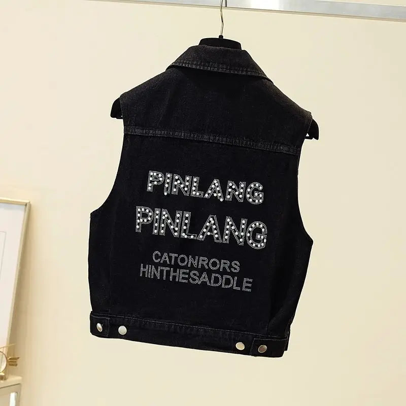 Women's Hot Drill Denim Vest Cropped Sleeveless Top Korean Fashion Streetwear Diamond Designer Vest Coat Trendy Jeans Waistcoat