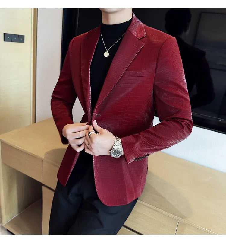2026 Crocodile Patterned Leather Suit Jacket Men Slim Fit Business Casual Leather Jacket Wedding Groom Party Work Men Blazers