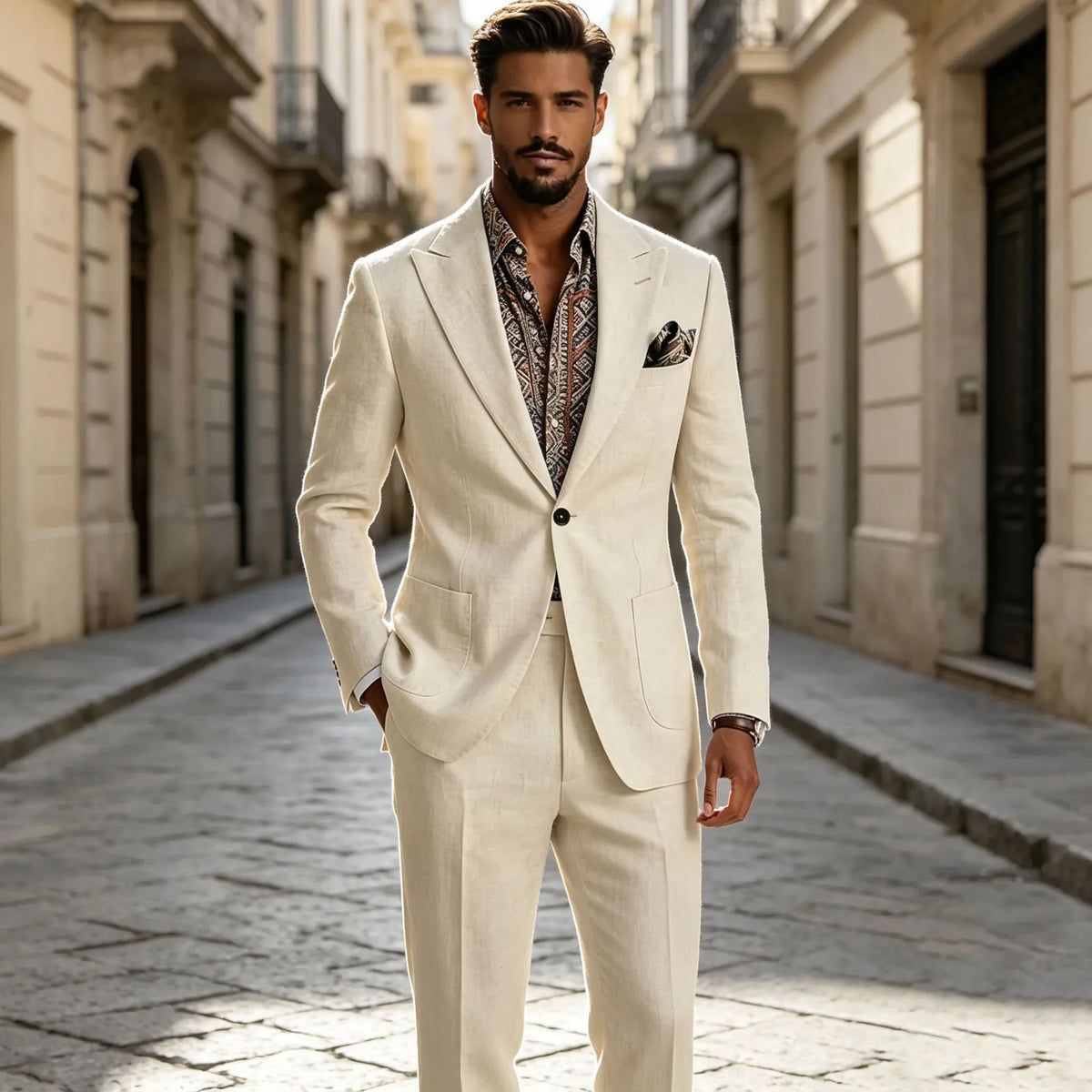 Men's Linen Blend Suit 2 Pieces Set Solid Color Peak Lapel Slim Fit One Button Jacket Pants Formal Outfit Wedding Business Casua