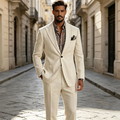 Men's Linen Blend Suit 2 Pieces Set Solid Color Peak Lapel Slim Fit One Button Jacket Pants Formal Outfit Wedding Business Casua
