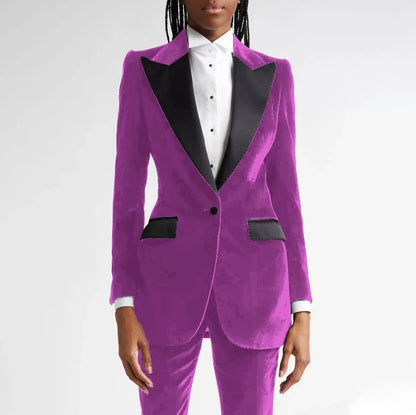 Black Flannel Women Suit Customized Single-grain Buckle Peaked Lapel Two Pieces(Jacket+Pants) Modern Business Office Lady Set