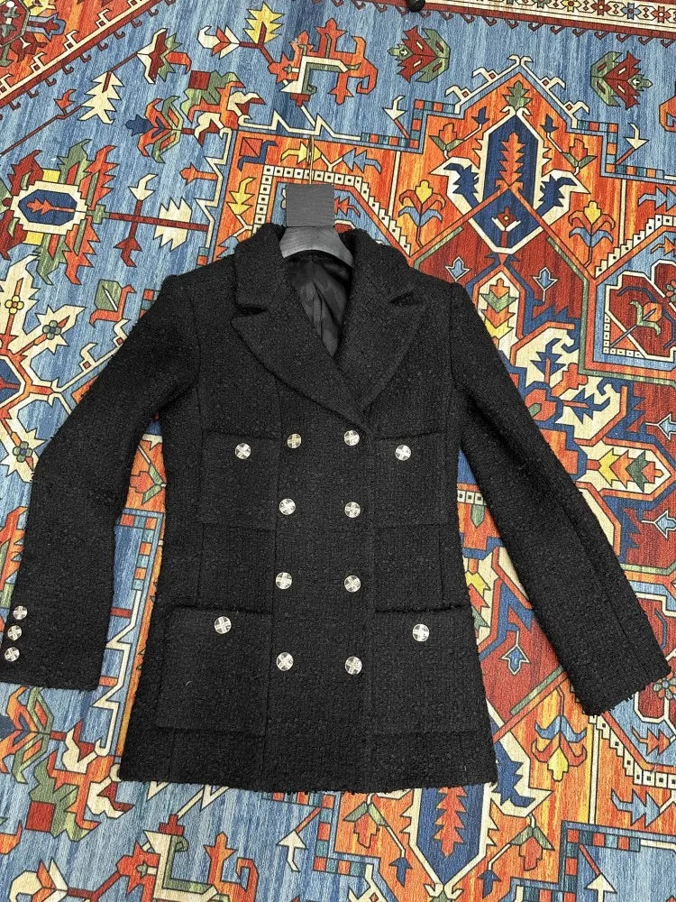 Double Breasted Office Ladies Elegant Black Tweed Jacket Mid Length Fashion Coat Spring Autumn Lapel Straight Women Suit Jacket