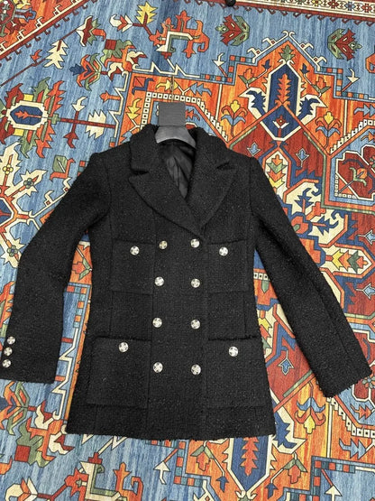 Double Breasted Office Ladies Elegant Black Tweed Jacket Mid Length Fashion Coat Spring Autumn Lapel Straight Women Suit Jacket