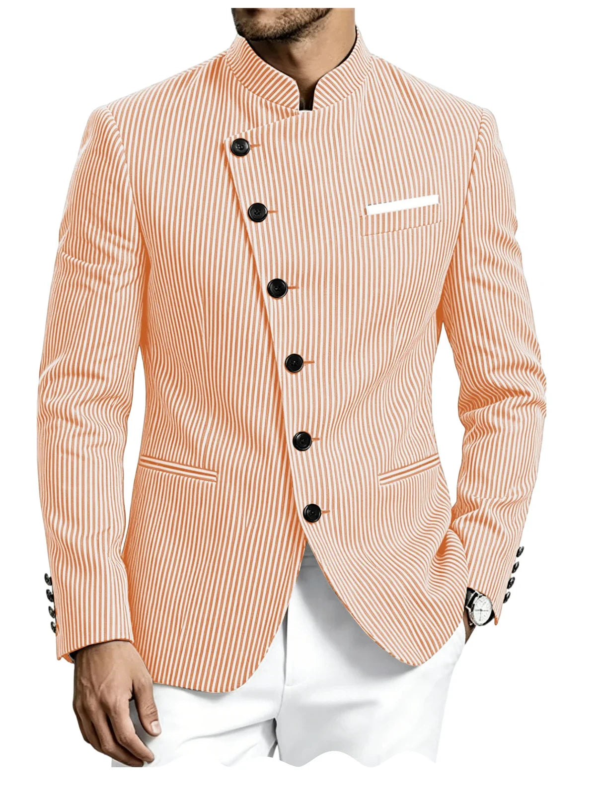 Men Mandarin Collar Suit Jacket Stand Collar Asymmetrical Single Breasted Men Blazer Slim Fit Business Formal Coat For Business