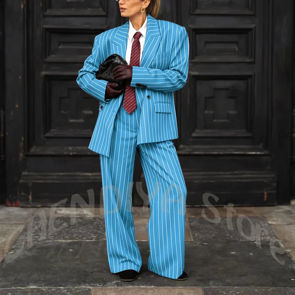 Burgundy Striped Casual Women Suit Two Pieces Jacket Pants Loose Fit Peak Lapel Blazer Set Evening Party Prom Lady Outfit