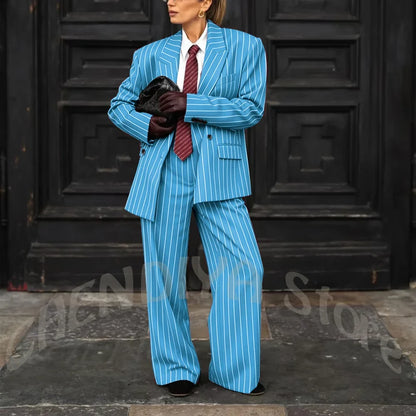 Burgundy Striped Casual Women Suit Two Pieces Jacket Pants Loose Fit Peak Lapel Blazer Set Evening Party Prom Lady Outfit