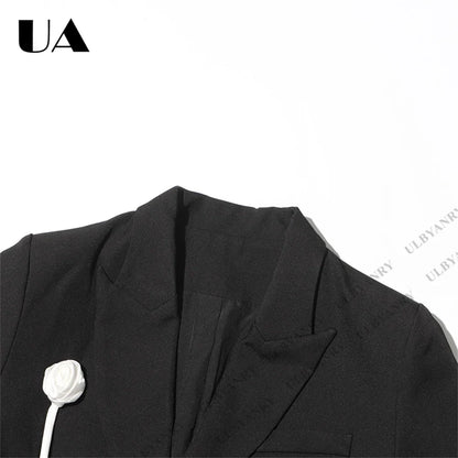 Unique Design Women’s Blazer – Black, 3D White Rose, Long Sleeve, Button Closure, Work Date Jacket Office Casual Jacket
