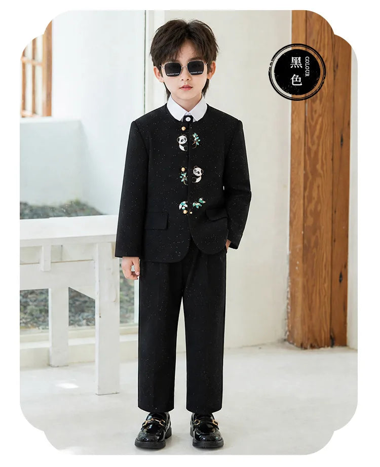 90-160 Kids New Chinese Tang Suit Hanfu Embroidery Suit Flower Boys Host Recitation Performance Costume
