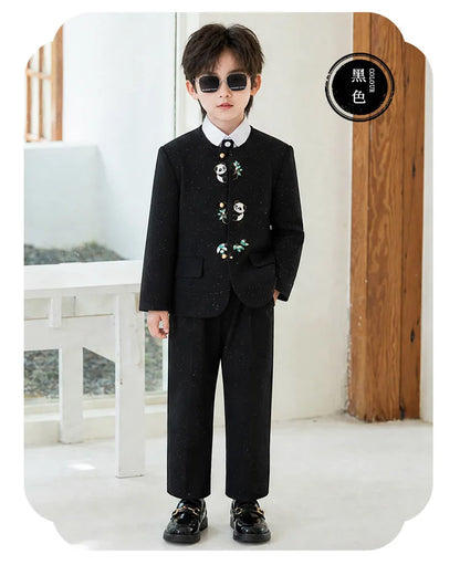 90-160 Kids New Chinese Tang Suit Hanfu Embroidery Suit Flower Boys Host Recitation Performance Costume