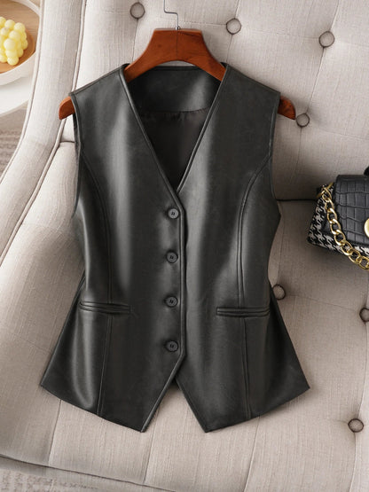 Single-Breasted V-Neck Leather Vest for Women, Spring and Autumn Fashion, Short Pu Leather Vest for Commuting, Outerwear or Innerwear