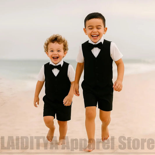 Black Boys Suit 2 Piece Kids Summer Beach Wedding Page Boy Wear Birthday Photoshoot Casual Daily Formal Outfit Vest Short