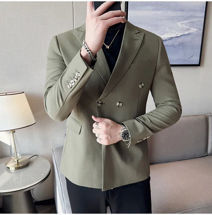 Autumn High-quality Double Breasted Slim Fit Suit Jacket Men Versatile Casual Business Blazer Wedding Social Banquet Formal Coat