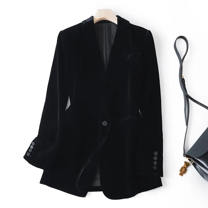 Silk Velvet Long Sleeve Suit Jacket Women's Business Wear Slim Fit Mid-Length Luxury Glossy Black Swan Velvet Outerwear