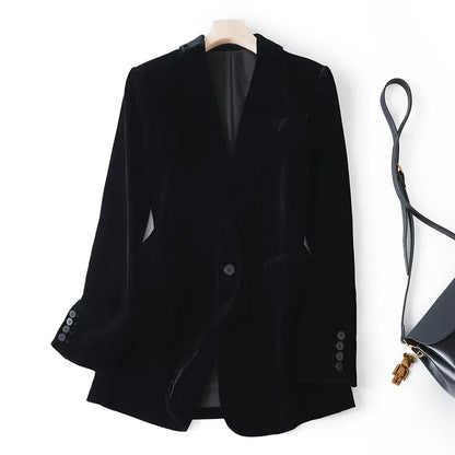 Silk Velvet Long Sleeve Suit Jacket Women's Business Wear Slim Fit Mid-Length Luxury Glossy Black Swan Velvet Outerwear