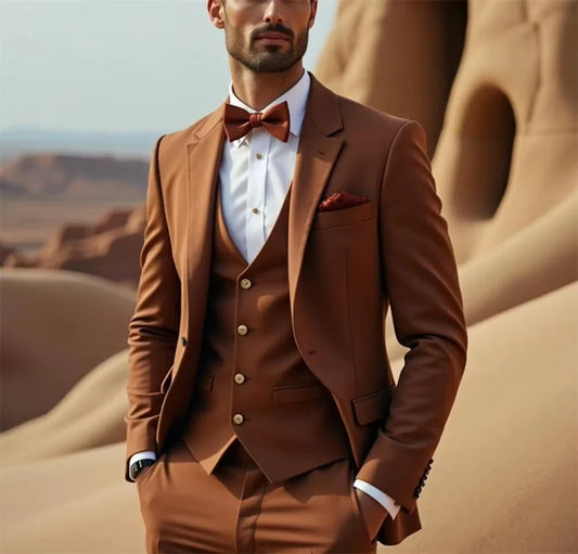 Costume 3 pièces marron pour hommes Garçons d'honneur Mariage Smoking Coupe slim Sur mesure Événement professionnel Vêtement pour hommes (Veste+Gilet+Pantalon)
