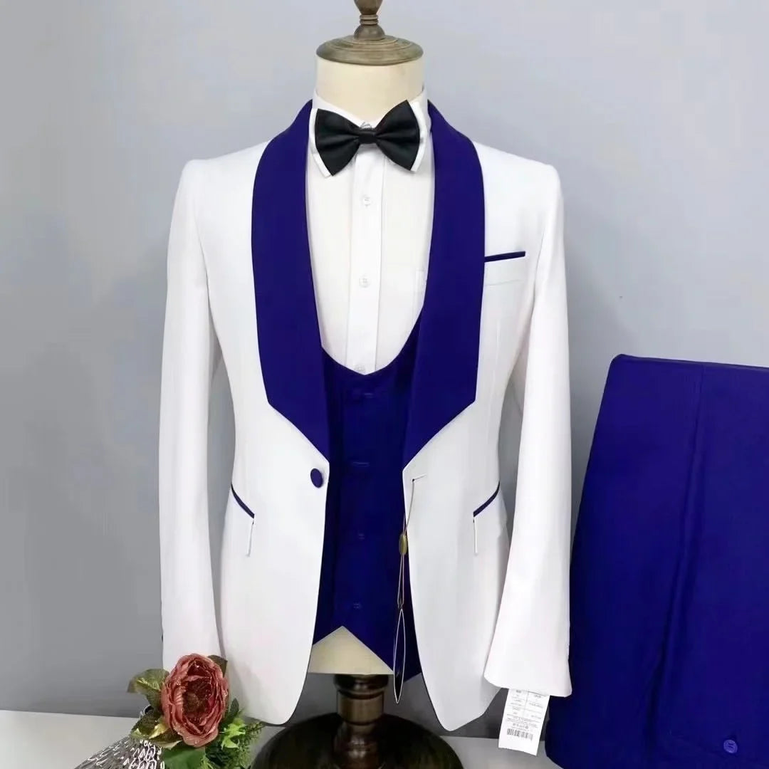 Men's White Tuxedo Suit Three Piece Set Shawl Lapel Blazer Jacket with Pants And Vest Slim Fit Single Breasted Wedding Formal Bu