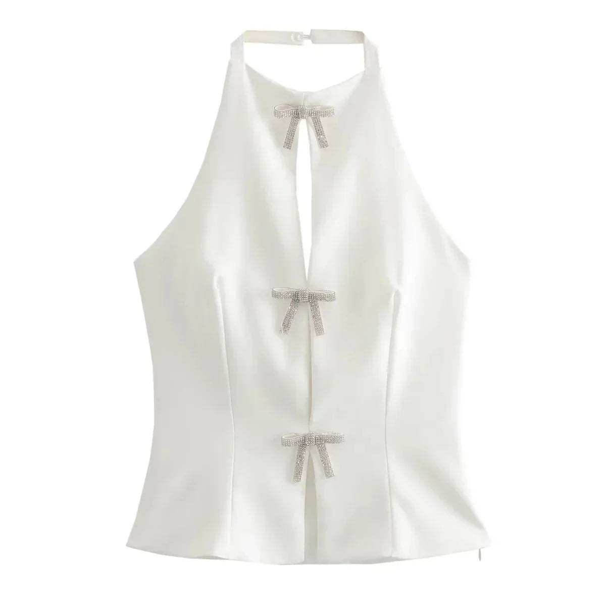 Rhinestone Bow Halter Top Women Off Shoulder White Crop Top Woman Party Backless Sexy Tops Summer Cut Out Short Black Top