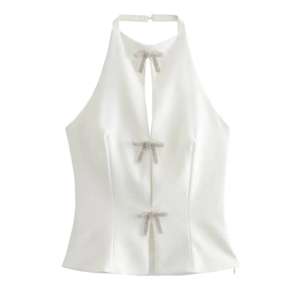 Rhinestone Bow Halter Top Women Off Shoulder White Crop Top Woman Party Backless Sexy Tops Summer Cut Out Short Black Top