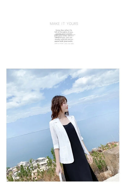 Summer New Sle Women's Linen Suit Jaet Thin Seven-Quarter Sve Drapey Fit Formal Wear Casual Commute Pure Color