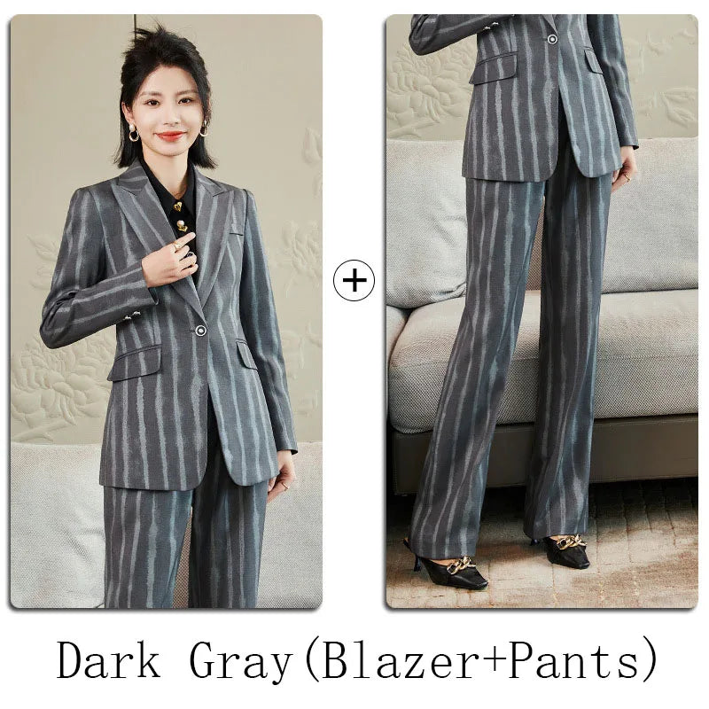 Fashion Autumn Winter Ladies Pant Suit Women Striped Female Business Work Wear Jacket Blazer and Trouser Formal 2 Piece Set