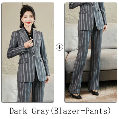Fashion Autumn Winter Ladies Pant Suit Women Striped Female Business Work Wear Jacket Blazer and Trouser Formal 2 Piece Set