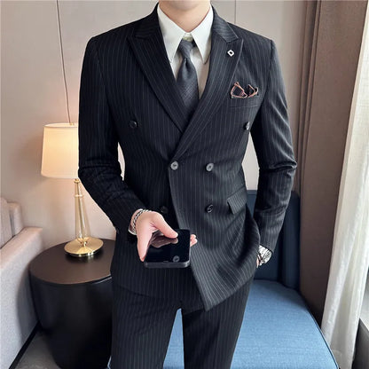 (Jacket + Vest + Pants)Three Piece Set Men Blazers Set stripe Suits Busines Casual Slim Fit Formal Dress Groom Tuxedo Wedding