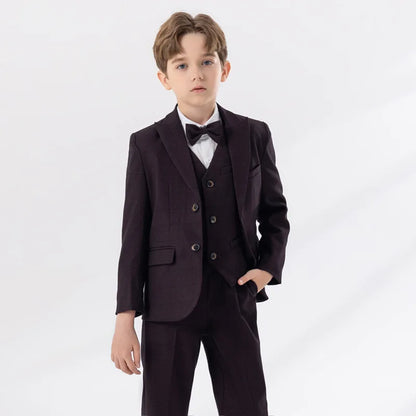 Children Navy Blue Spring 4Piece/Set Jacket Vest Pants Bowtie Piano Dress Kids Ceremony Photograph Suit Boys Performance Costume