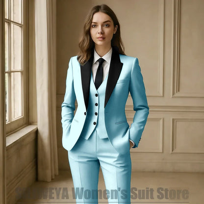 Women Royal Blue 3 Piece Tuxedo Suit Blazer Vest Pants with Black Lapel Slim Fit Formal Party Business Office Outfit