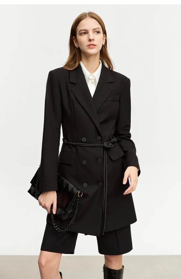Minimalist Blazer for Woman 2026 Autumn Long Simple Basics Commuter Jacket With Waist Rope Slim Fit Blazers 12343036
