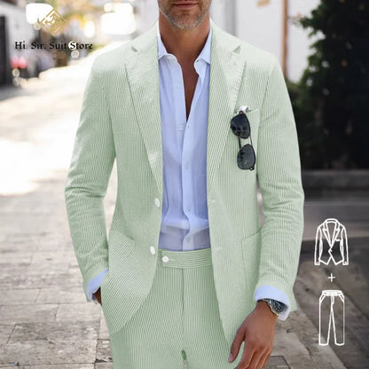 Men's Slim Fit Seersucker 2-Piece Suit Set – Blue Striped Smart Casual & Wedding