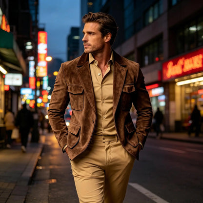Men's Suede Safari Blazer Slim Fit Notch Lapel Multi-Pocket Hunting Jacket Autumn Winter Casual Business Sport Coat