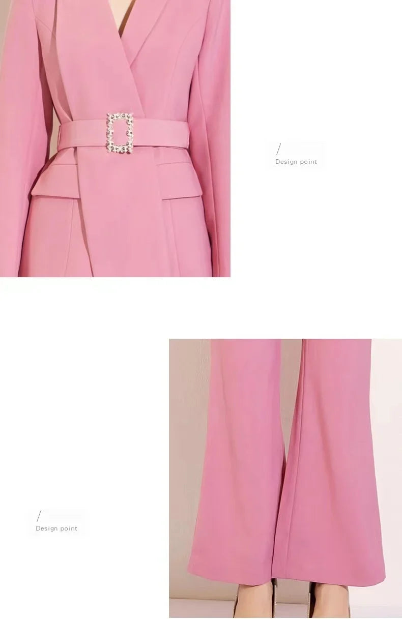High Quality Women Belt Business Attire blazers Trousers Suits Set 2 Piece Elegant Slim Fit Pink Formal Office Lady Blazer Suits