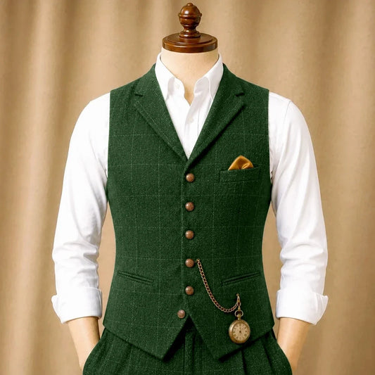 Men's Herringbone Vest Single Button Waistcoat for Wedding, Business & Formal Occasions – Green