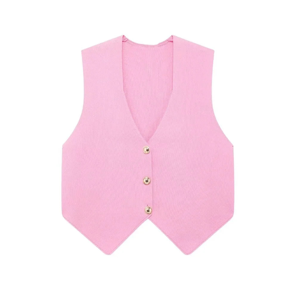 Women's Front Button Crop Knit Vest Sweater, V Neck, Sleeveless, Female Waistcoat, Chic Tops, Fashion
