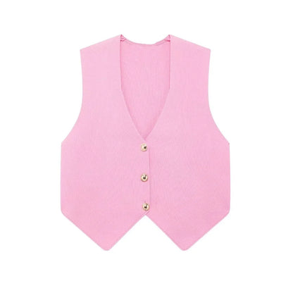 Women's Front Button Crop Knit Vest Sweater, V Neck, Sleeveless, Female Waistcoat, Chic Tops, Fashion