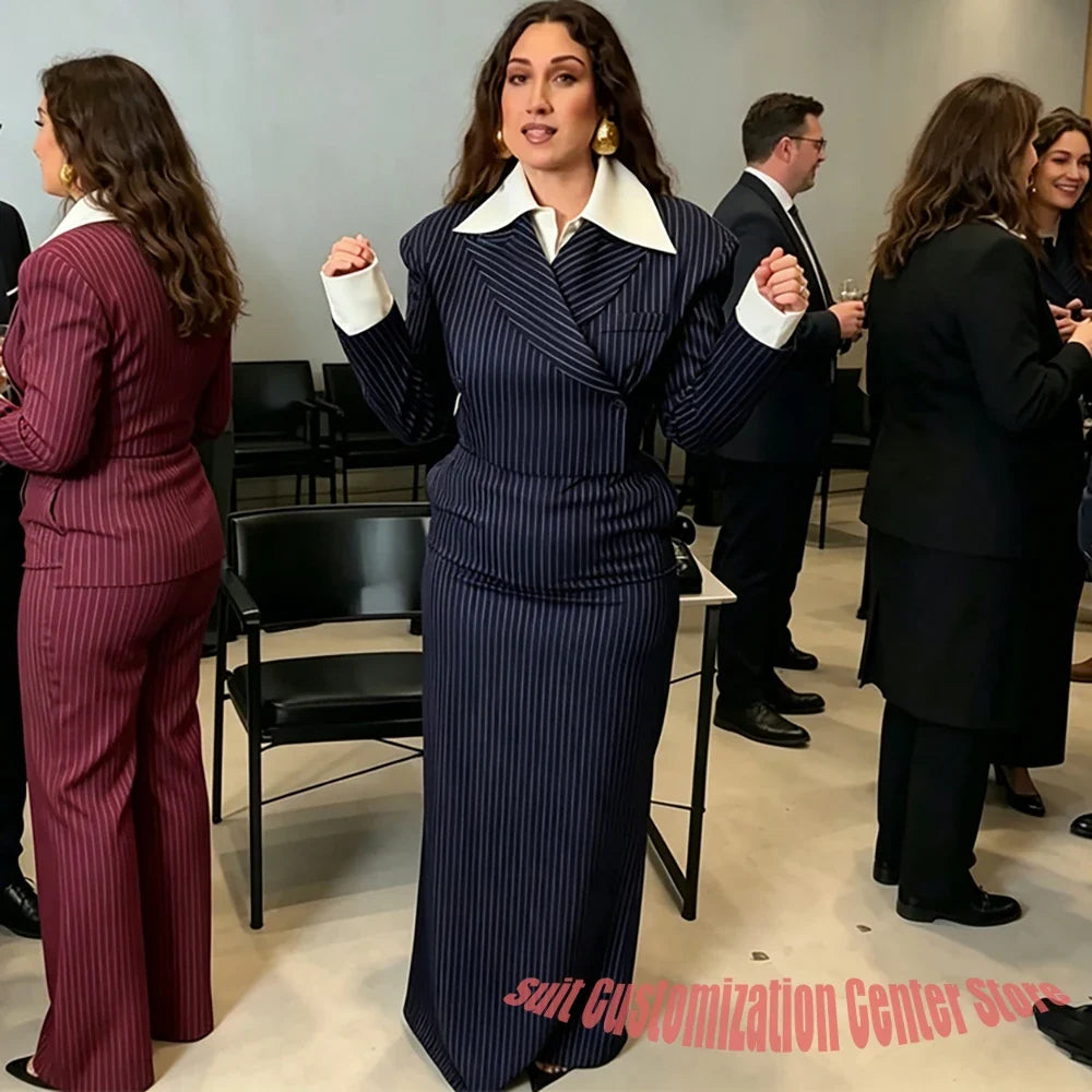 Navy Blue Pinstripe Women's Jacket Skirt 2 Piece Set Formal Single Breasted Evening Party Clothing Wedding Guest Outfit
