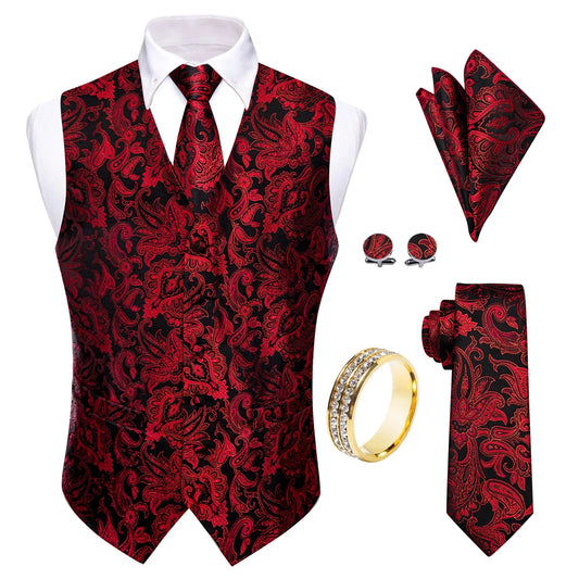 Men's Vest 5-In-1 Set Paisley Jacquard Black Burgundy for Wedding Banquet