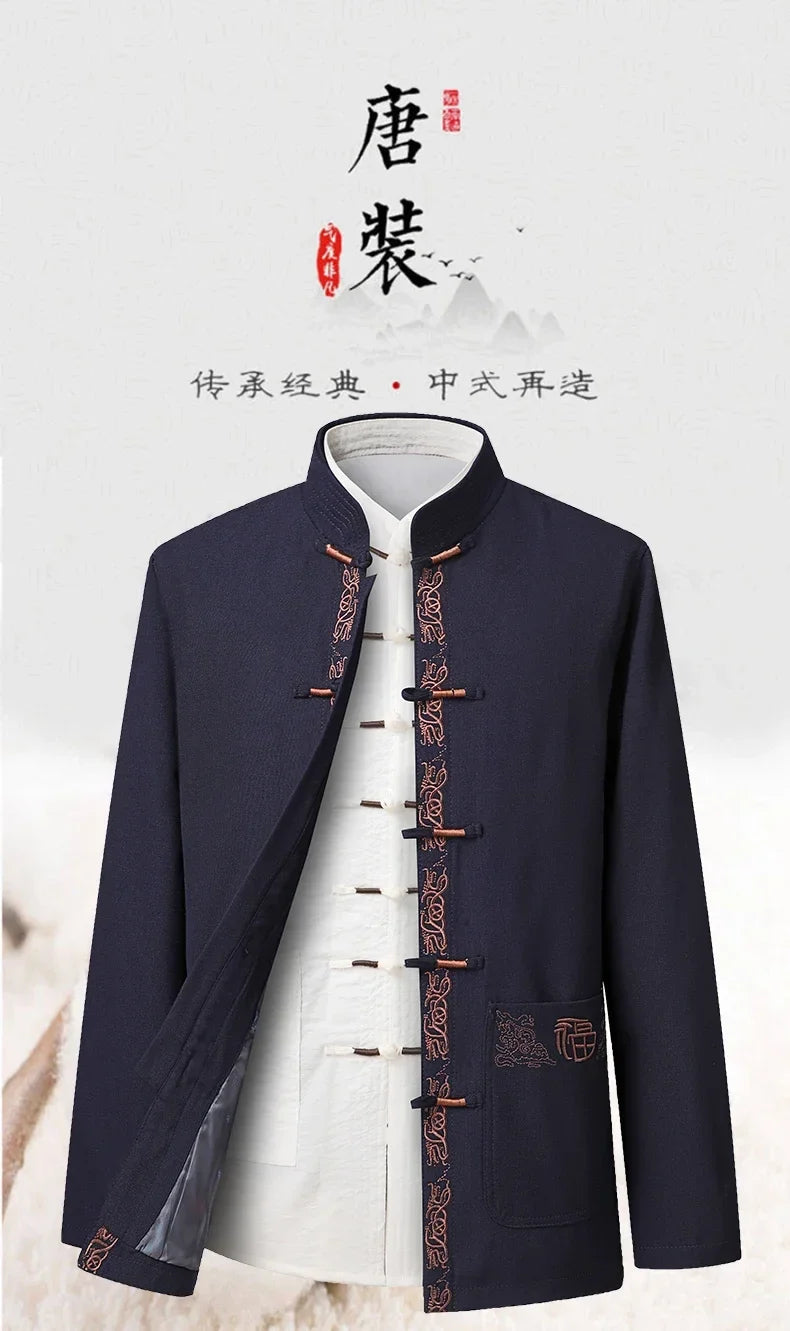Tang Suit (Top + Pants) Spring and Autumn Elderly People Door Flaperon Embroidery Father Men's Hanfu Chinese Style Suit
