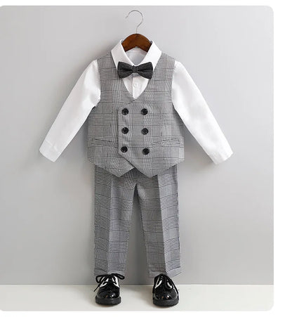 Flower Boys Gray Wedding Suit Set Kids Formal Birthday Photography Outfit Children's Piano Host Performance Costume