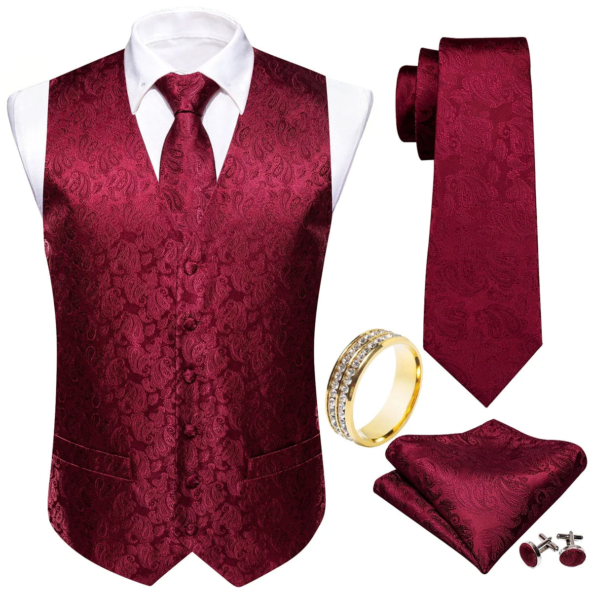 Men's Vest Accessory Kit – Burgundy Paisley V-Neck with Tie, Pocket Square, Cufflinks & Ring for Wedding & Banquet