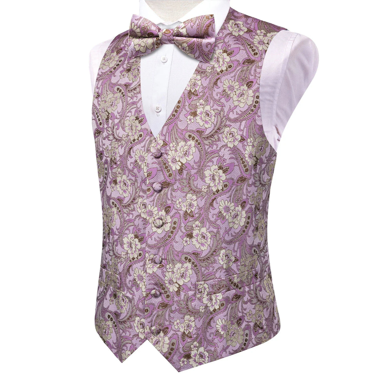 Men's Luxury Pink Jacquard Floral Vest Set – Formal Wedding & Prom Waistcoat with Tie, Bowtie & Pocket Square