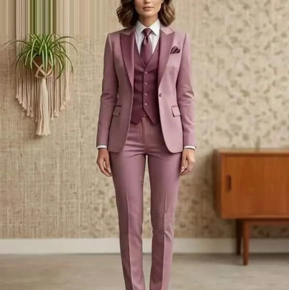 New Dark Pink Formal Business Women Suit Wedding Party Prom Mother Girl Tuxedos Costume 3 Piece Set Blazer Vest Pants
