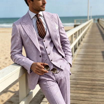Men's Suit Customized 3 Piece Blazer Vest Pant Linen Set Full Man Terno Linen Suit Notched Lapel Casual Tuxedo Summer Wedding